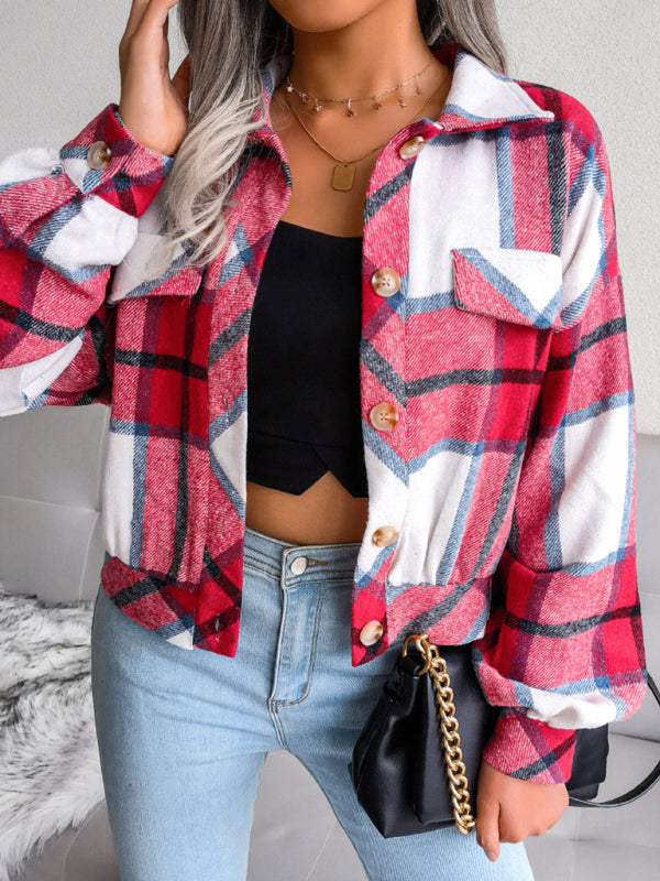 Crop Jackets- Plush Thick Flannel Plaid Jacket- - Pekosa Women Clothing