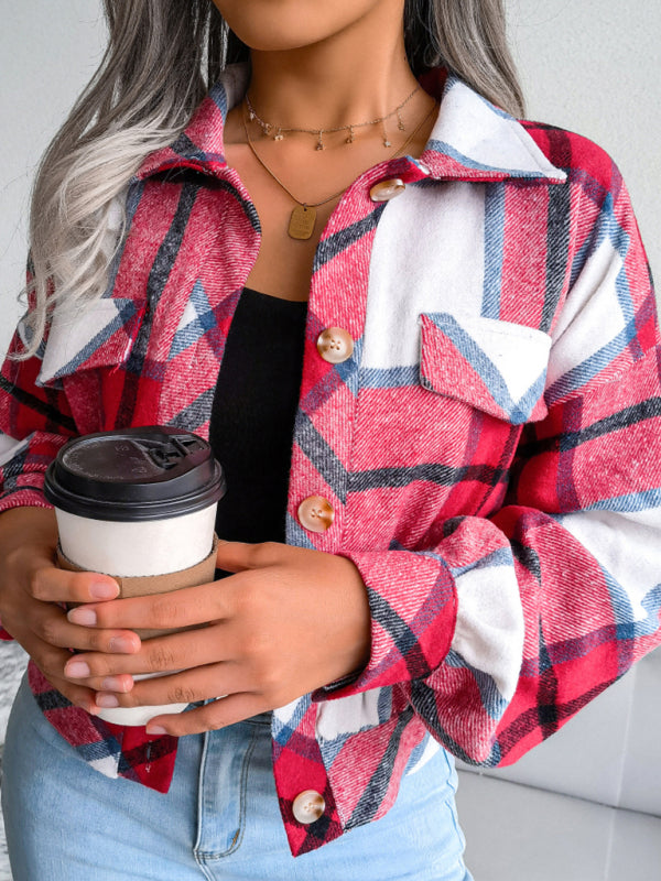 Crop Jackets- Plush Thick Flannel Plaid Jacket- - Pekosa Women Clothing