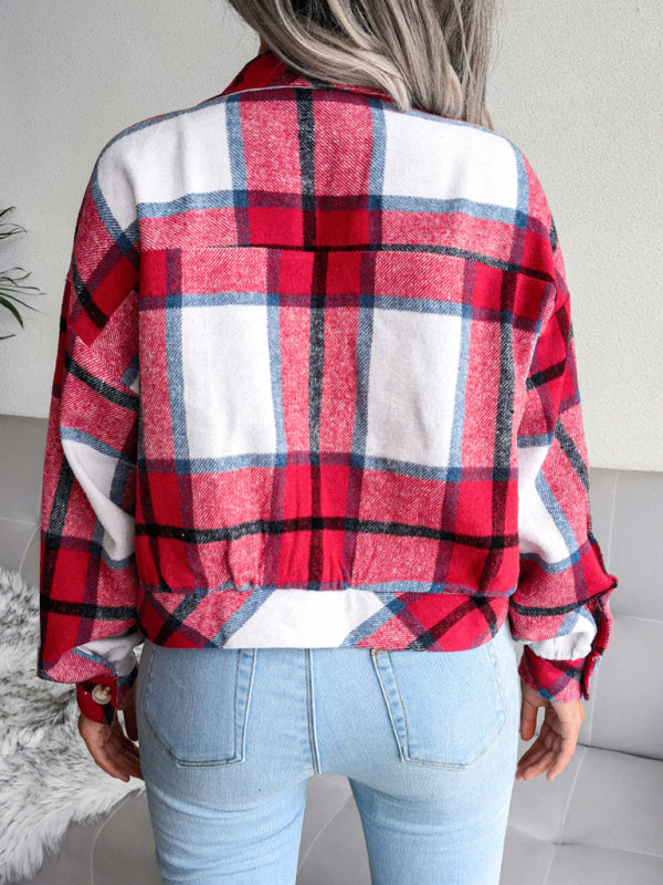 Crop Jackets- Plush Thick Flannel Plaid Jacket- - Pekosa Women Clothing