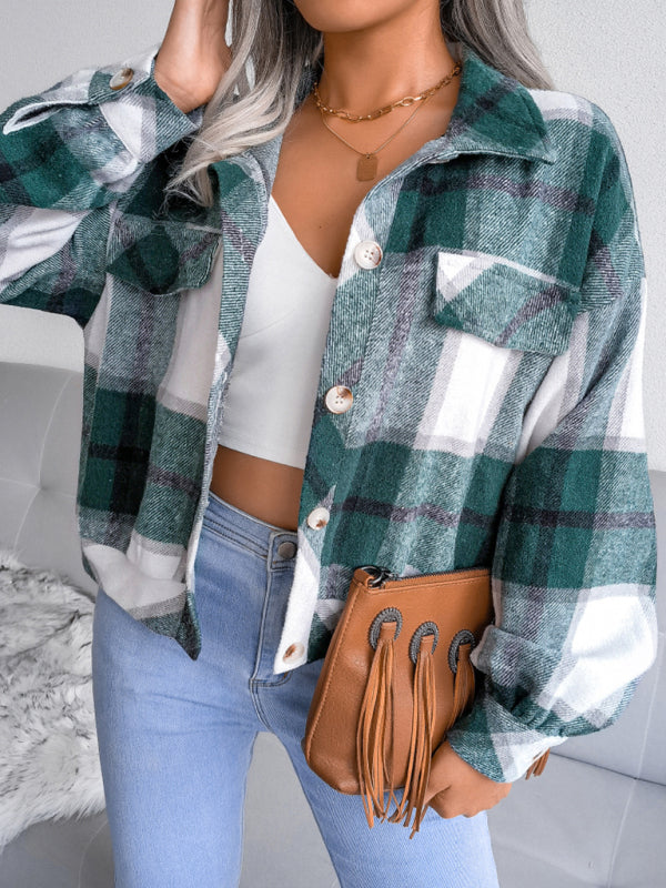 Crop Jackets- Plush Thick Flannel Plaid Jacket- Green- Pekosa Women Clothing
