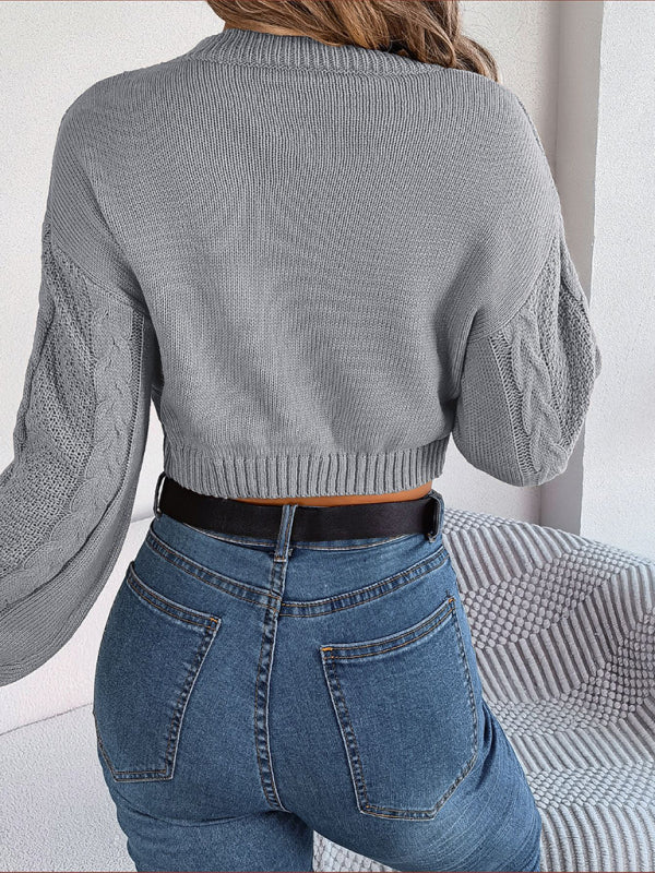 Crop Sweaters- Cable Knitted Ribbed Neck Crop Sweater- - Pekosa Women Clothing