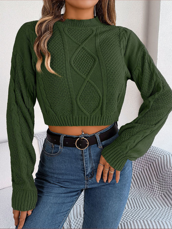 Crop Sweaters- Cable Knitted Ribbed Neck Crop Sweater- - Pekosa Women Clothing