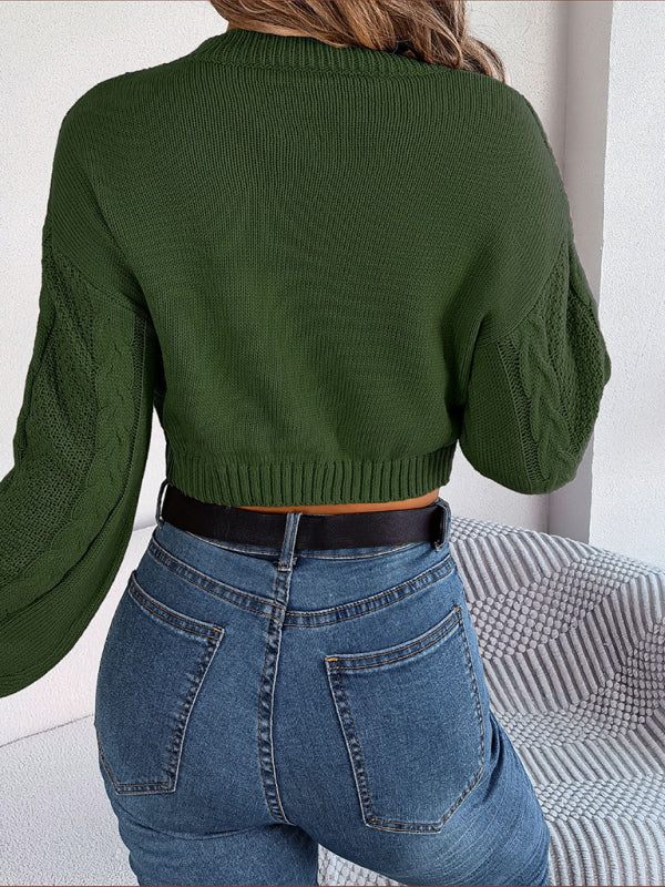 Crop Sweaters- Cable Knitted Ribbed Neck Crop Sweater- - Pekosa Women Clothing