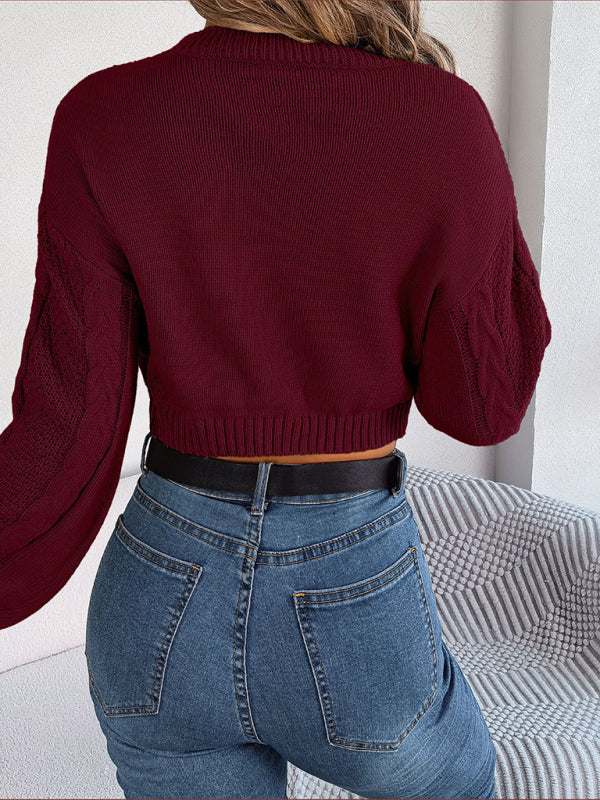 Crop Sweaters- Cable Knitted Ribbed Neck Crop Sweater- - Pekosa Women Clothing