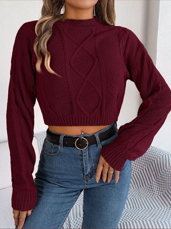 Crop Sweaters- Cable Knitted Ribbed Neck Crop Sweater- - Pekosa Women Clothing