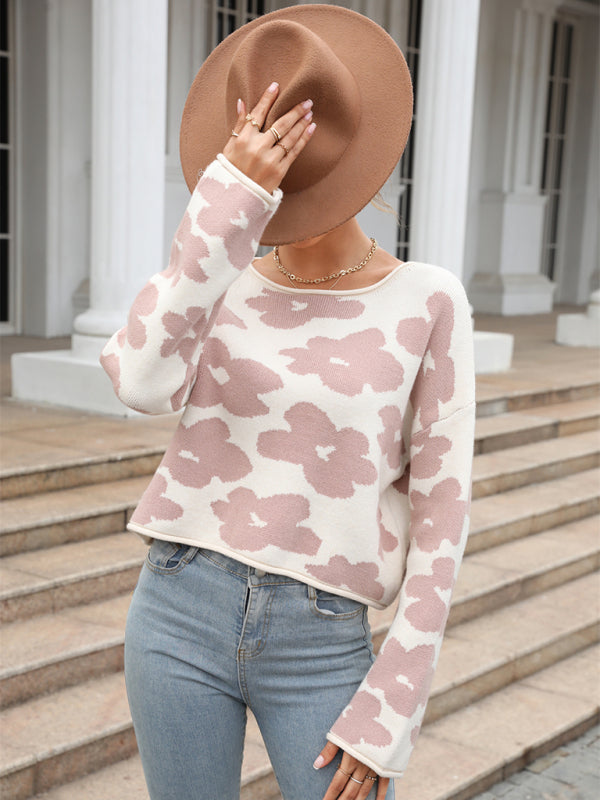 Crop Sweaters- Floral Knitted Cozy Long Sleeve Crop Sweater- - Pekosa Women Clothing
