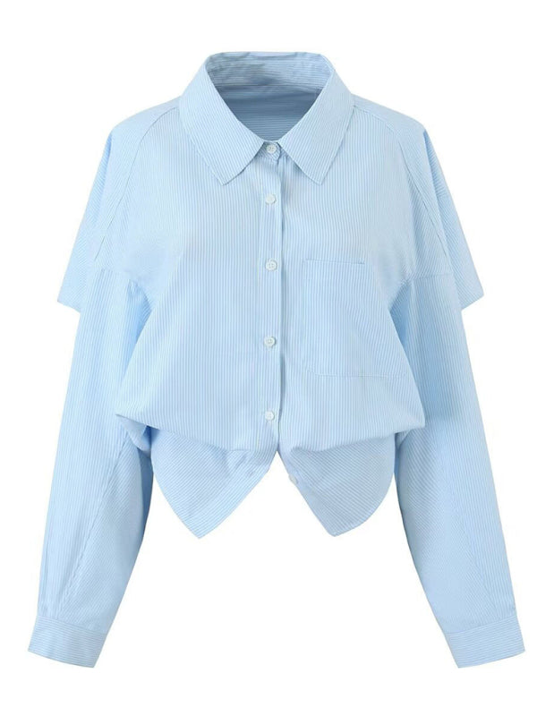 Cropped Shirts- Striped Cropped Cape Shirt with Long Sleeves and Open Back- - Pekosa Women Clothing