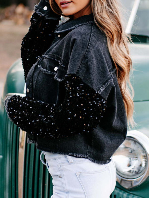 Denim Jackets- Distressed Denim Sparkling Sequin Patchwork Crop Jacket- - Pekosa Women Clothing