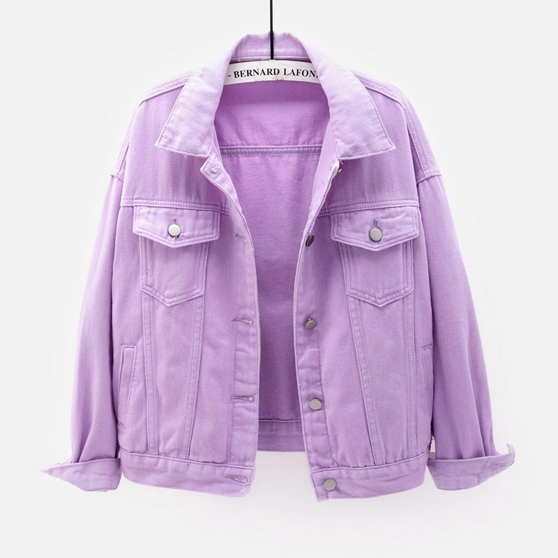 Denim Jackets- Solid Cotton Denim Button-Up Jacket- Purple- Pekosa Women Clothing