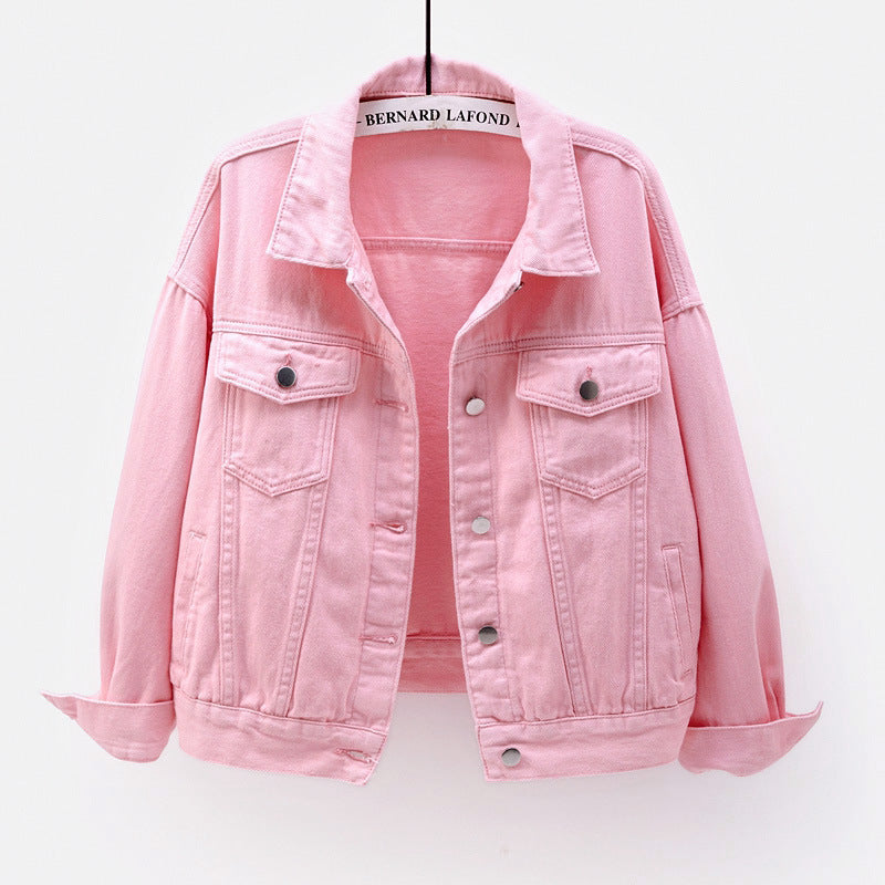 Denim Jackets- Solid Cotton Denim Button-Up Jacket- Pink- Pekosa Women Clothing