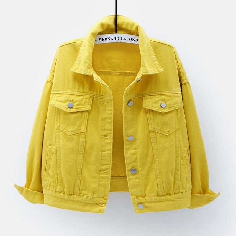 Denim Jackets- Solid Cotton Denim Button-Up Jacket- Yellow- Pekosa Women Clothing
