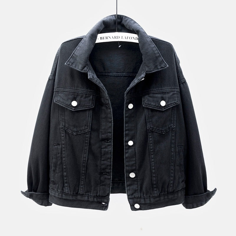 Denim Jackets- Solid Cotton Denim Button-Up Jacket- Black- Pekosa Women Clothing