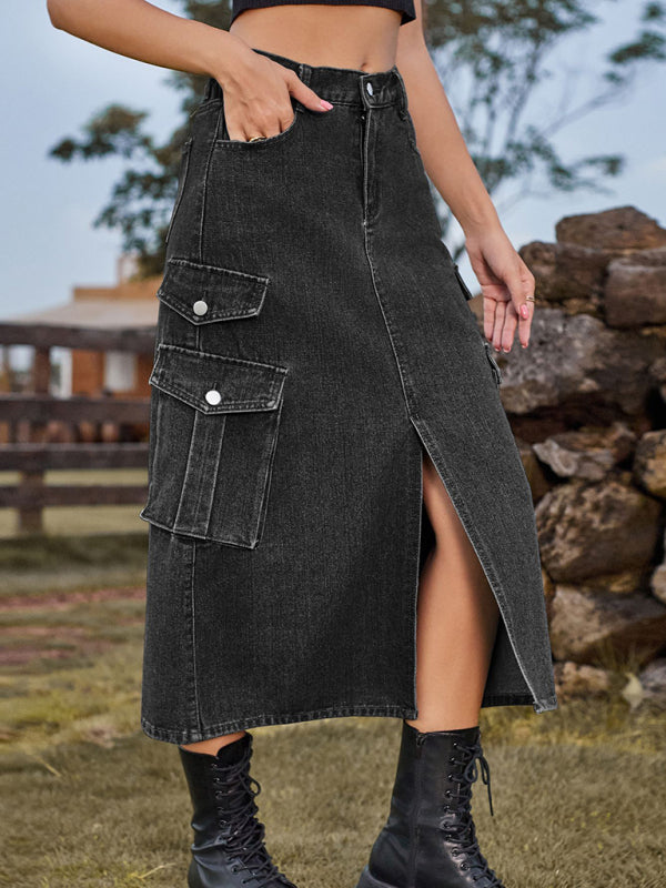 Denim Skirts- Washed Denim High Rise Cargo Slit Skirt with Flap Pockets- - Pekosa Women Clothing
