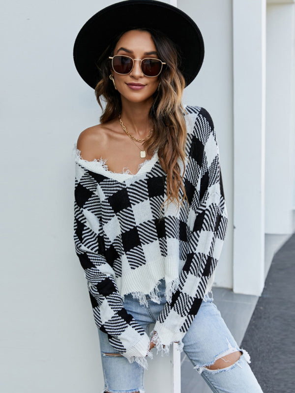 Distressed Knit Sweater- Plaid Frayed Knit V-Neck Drop Sleeve Sweater- - Pekosa Women Clothing