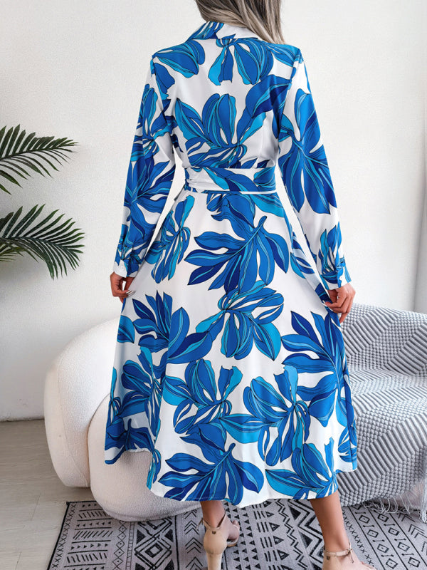 Dress- Abstract Print A-line Tie-Belt Long Shirt Dress with Long Sleeves- - Pekosa Women Clothing