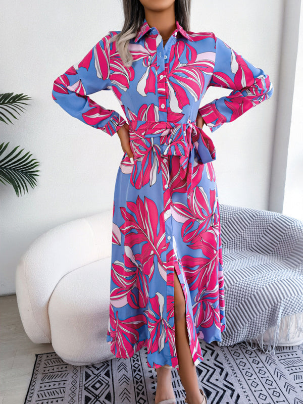 Dress- Abstract Print A-line Tie-Belt Long Shirt Dress with Long Sleeves- - Pekosa Women Clothing