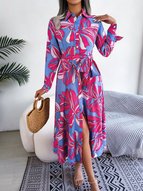 Dress- Abstract Print A-line Tie-Belt Long Shirt Dress with Long Sleeves- - Pekosa Women Clothing