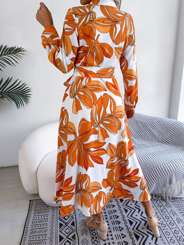 Dress- Abstract Print A-line Tie-Belt Long Shirt Dress with Long Sleeves- - Pekosa Women Clothing