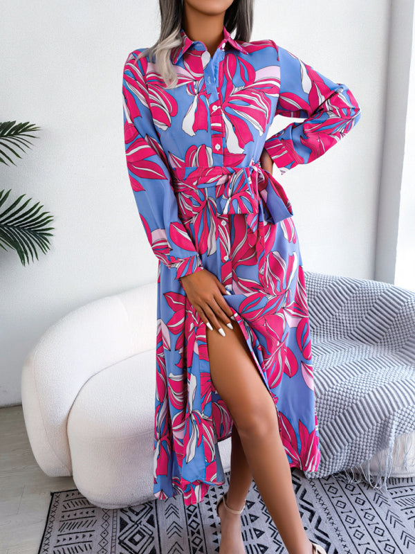 Dress- Abstract Print A-line Tie-Belt Long Shirt Dress with Long Sleeves- Rose- Pekosa Women Clothing