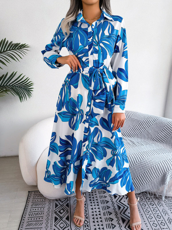 Dress- Abstract Print A-line Tie-Belt Long Shirt Dress with Long Sleeves- - Pekosa Women Clothing