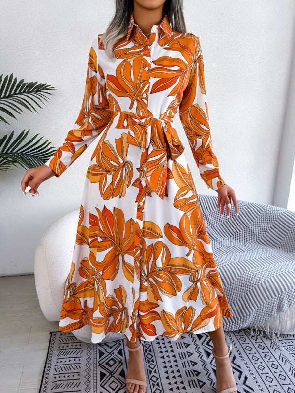 Dress- Abstract Print A-line Tie-Belt Long Shirt Dress with Long Sleeves- - Pekosa Women Clothing