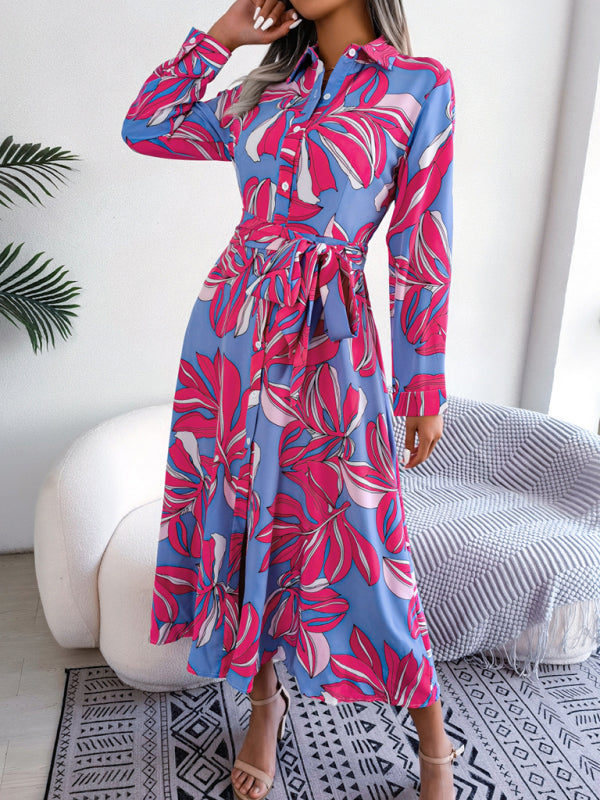 Dress- Abstract Print A-line Tie-Belt Long Shirt Dress with Long Sleeves- - Pekosa Women Clothing