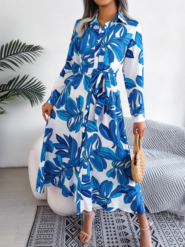 Dress- Abstract Print A-line Tie-Belt Long Shirt Dress with Long Sleeves- - Pekosa Women Clothing