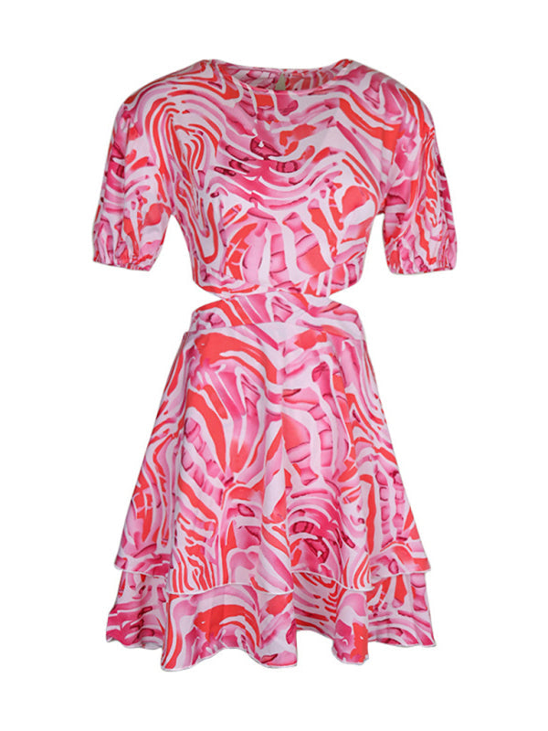 Dress- Abstract Print Puff Sleeves Open Back Dress- - Pekosa Women Clothing