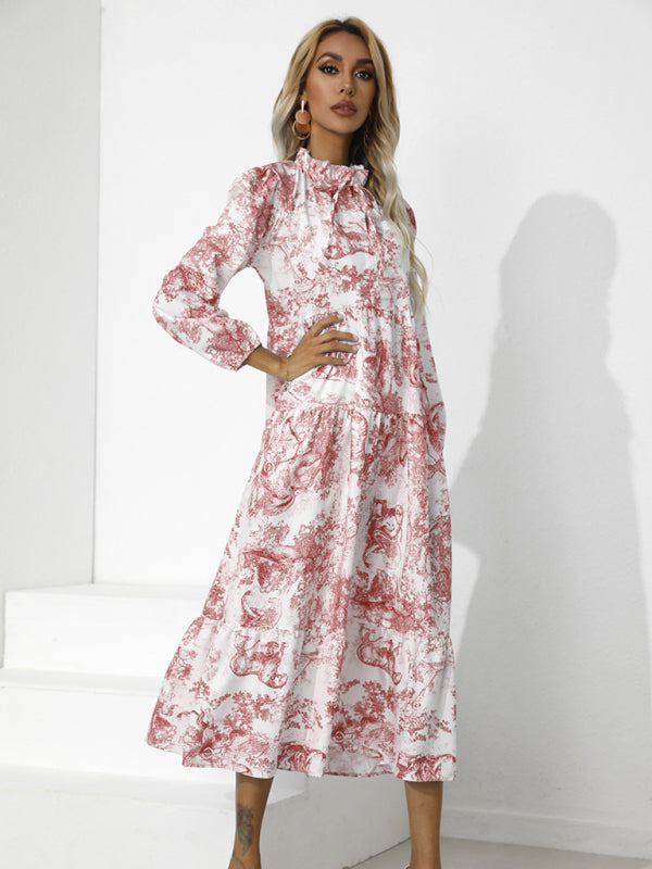 Dress- Autumn Floral Cotton Loose Tiered Sleeve Marxi Dress- - Pekosa Women Clothing