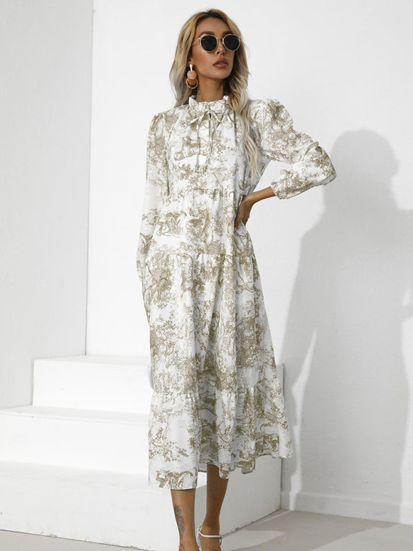Dress- Autumn Floral Cotton Loose Tiered Sleeve Marxi Dress- - Pekosa Women Clothing