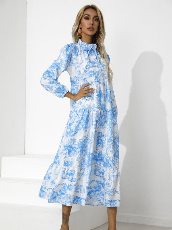 Dress- Autumn Floral Cotton Loose Tiered Sleeve Marxi Dress- - Pekosa Women Clothing