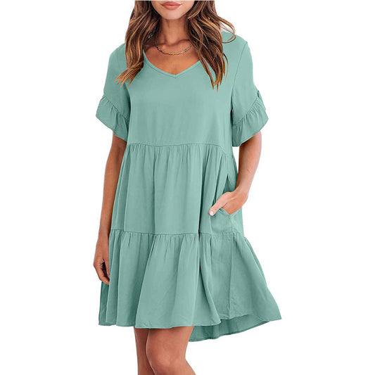 Dress- Casual Solid Flowy Tiered Mini Dress with Pockets- Pale green- Pekosa Women Clothing