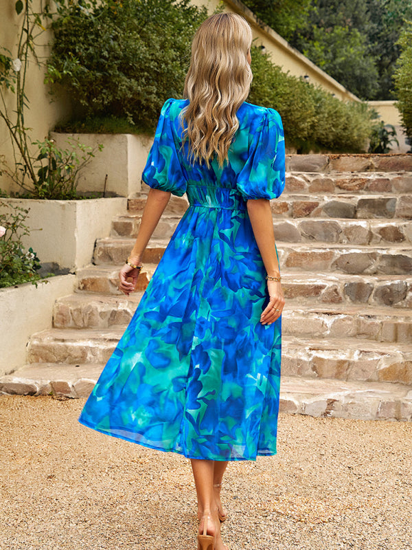Dress- Colorful Elegant Smocked Waist Puff Sleeve Midi Dress- - Pekosa Women Clothing