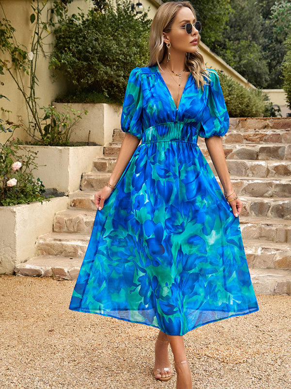 Dress- Colorful Elegant Smocked Waist Puff Sleeve Midi Dress- - Pekosa Women Clothing