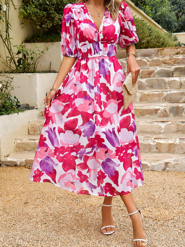 Dress- Colorful Elegant Smocked Waist Puff Sleeve Midi Dress- Suit 6- Pekosa Women Clothing
