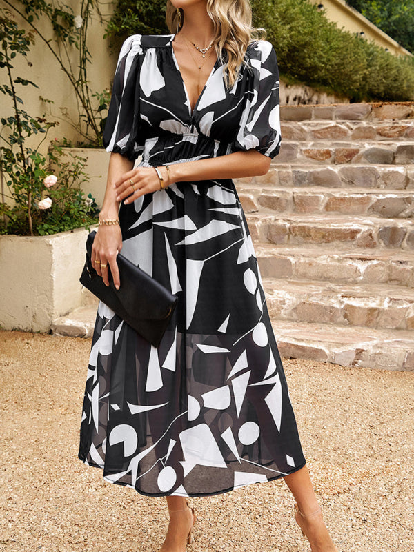 Dress- Colorful Elegant Smocked Waist Puff Sleeve Midi Dress- - Pekosa Women Clothing