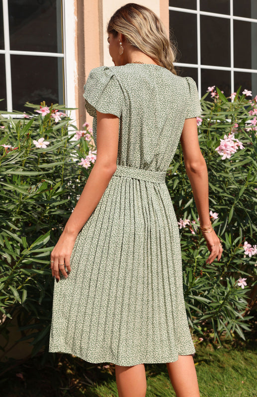 Dress- Ditsy Floral Pleated Belt Tie Midi Dress- - Pekosa Women Clothing