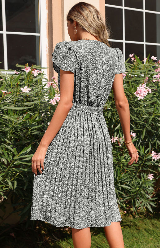 Dress- Ditsy Floral Pleated Belt Tie Midi Dress- - Pekosa Women Clothing