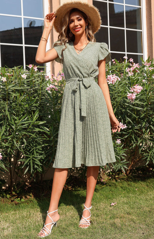 Dress- Ditsy Floral Pleated Belt Tie Midi Dress- - Pekosa Women Clothing