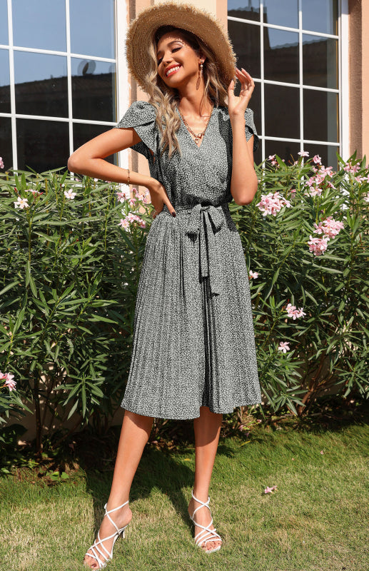 Dress- Ditsy Floral Pleated Belt Tie Midi Dress- - Pekosa Women Clothing