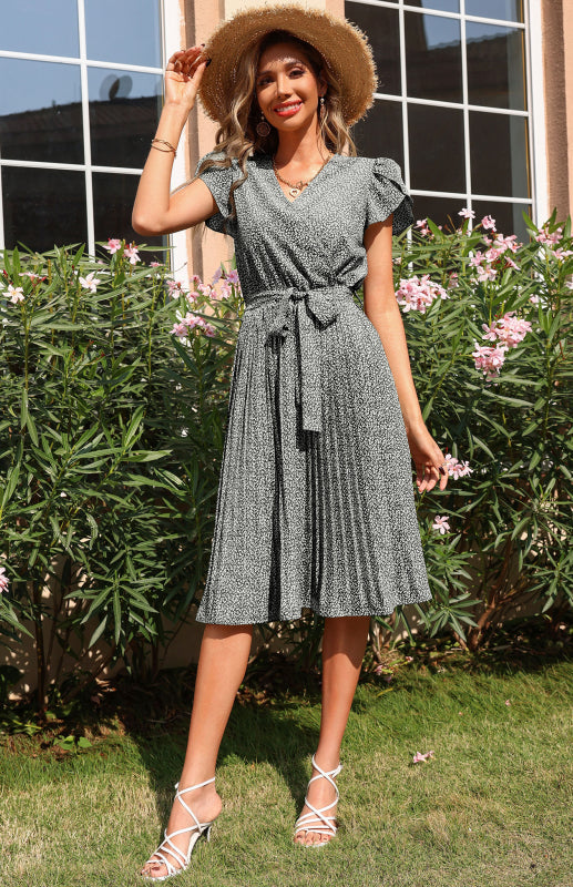 Dress- Ditsy Floral Pleated Belt Tie Midi Dress- Black- Pekosa Women Clothing