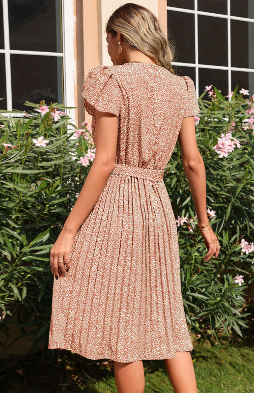 Dress- Ditsy Floral Pleated Belt Tie Midi Dress- - Pekosa Women Clothing