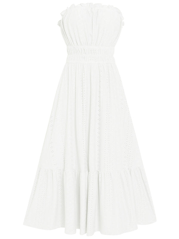 Dress- Eyelet Strapless Smocked Waist Tube Midi Dress- - Pekosa Women Clothing