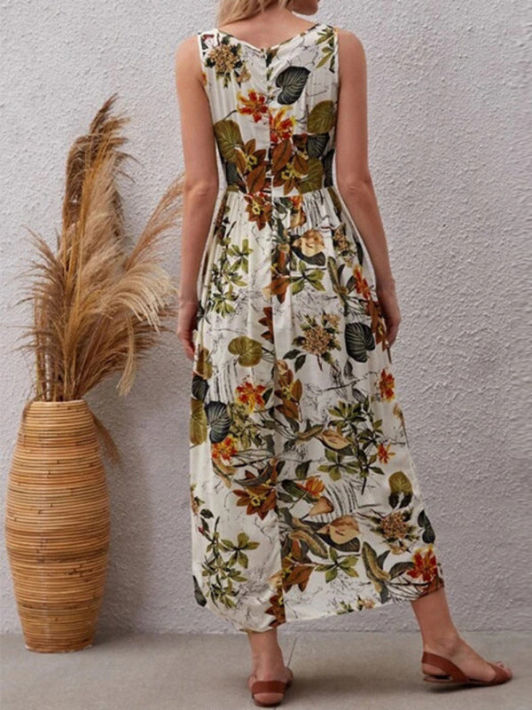 Dress- Leafy Floral Crew Neck Fit and Flare Tank Midi Dress- - Pekosa Women Clothing