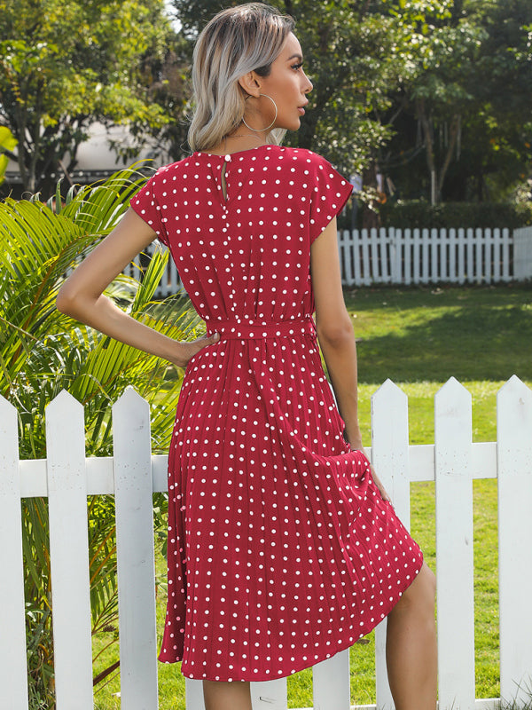 Dress- Romantic Polka Dot Midi Dress with Belted Waist and Pleated Skirt- - Pekosa Women Clothing