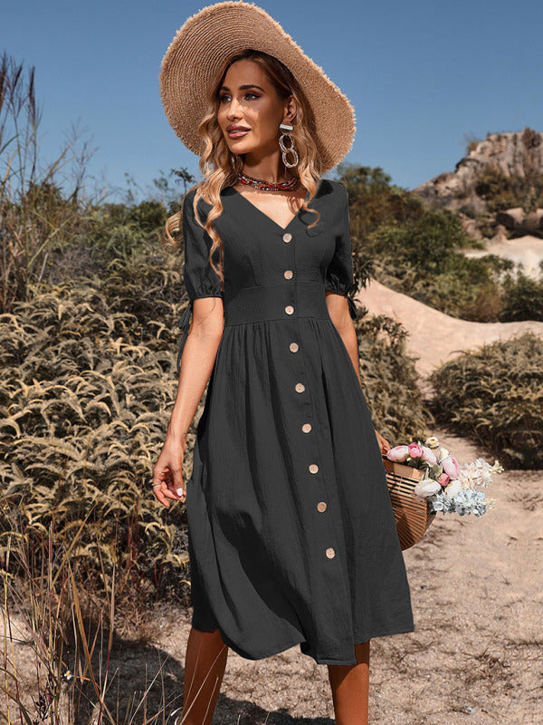 Dress- Solid Color A-Line MIDI Buttoned Dress- - Pekosa Women Clothing