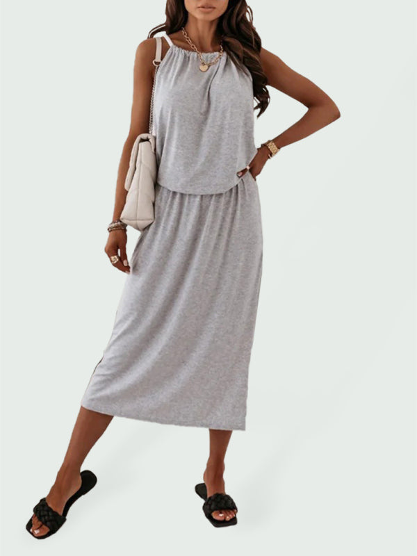 Dress- Solid Sporty Blouson Cami Midi Dress with Slits- Grey- Pekosa Women Clothing