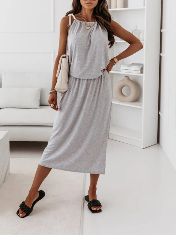 Dress- Solid Sporty Blouson Cami Midi Dress with Slits- - Pekosa Women Clothing