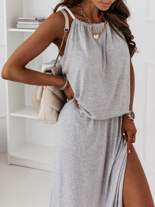 Dress- Solid Sporty Blouson Cami Midi Dress with Slits- - Pekosa Women Clothing