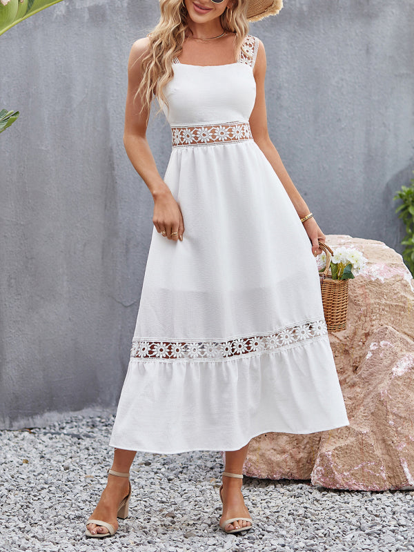 Dress- Summer Solid Lace Accents Ruffle Hem Cami Midi Dress- - Pekosa Women Clothing